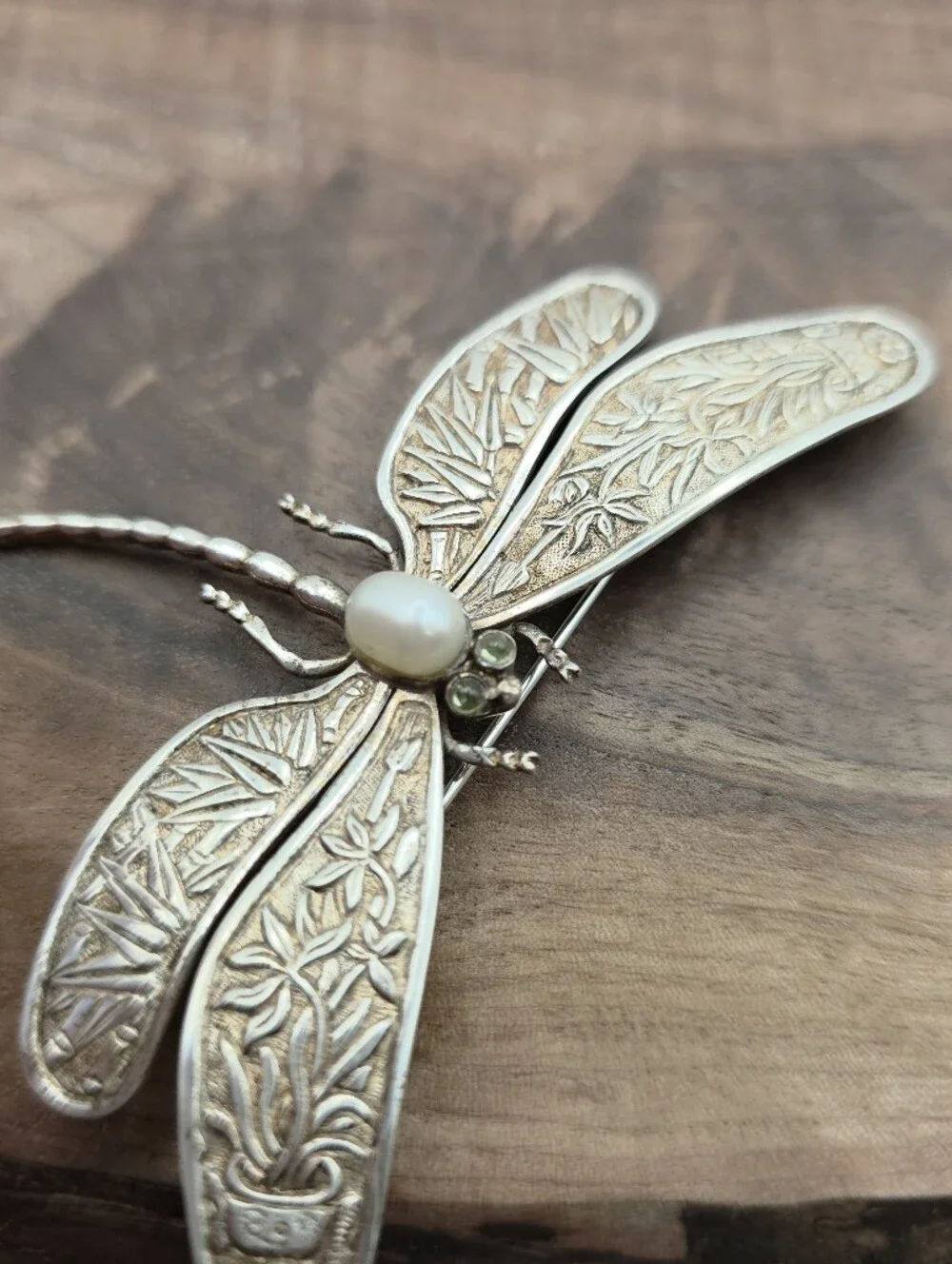 Vintage Dragonfly Insect Brooch Pearl Repousse Art Nouveau 925 Sterling Silver